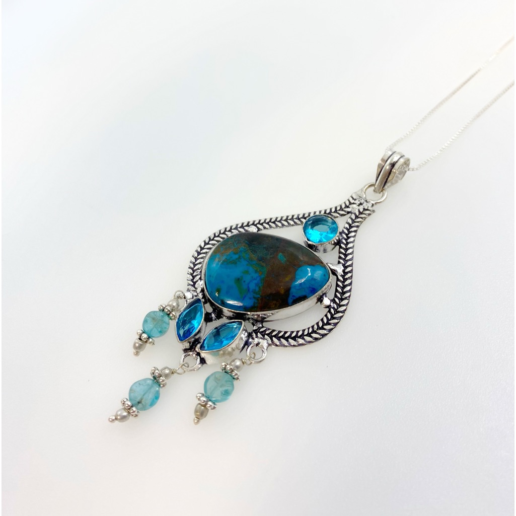 925 Silver Plated-Chrysocolla Blue Topaz Beads Necklace